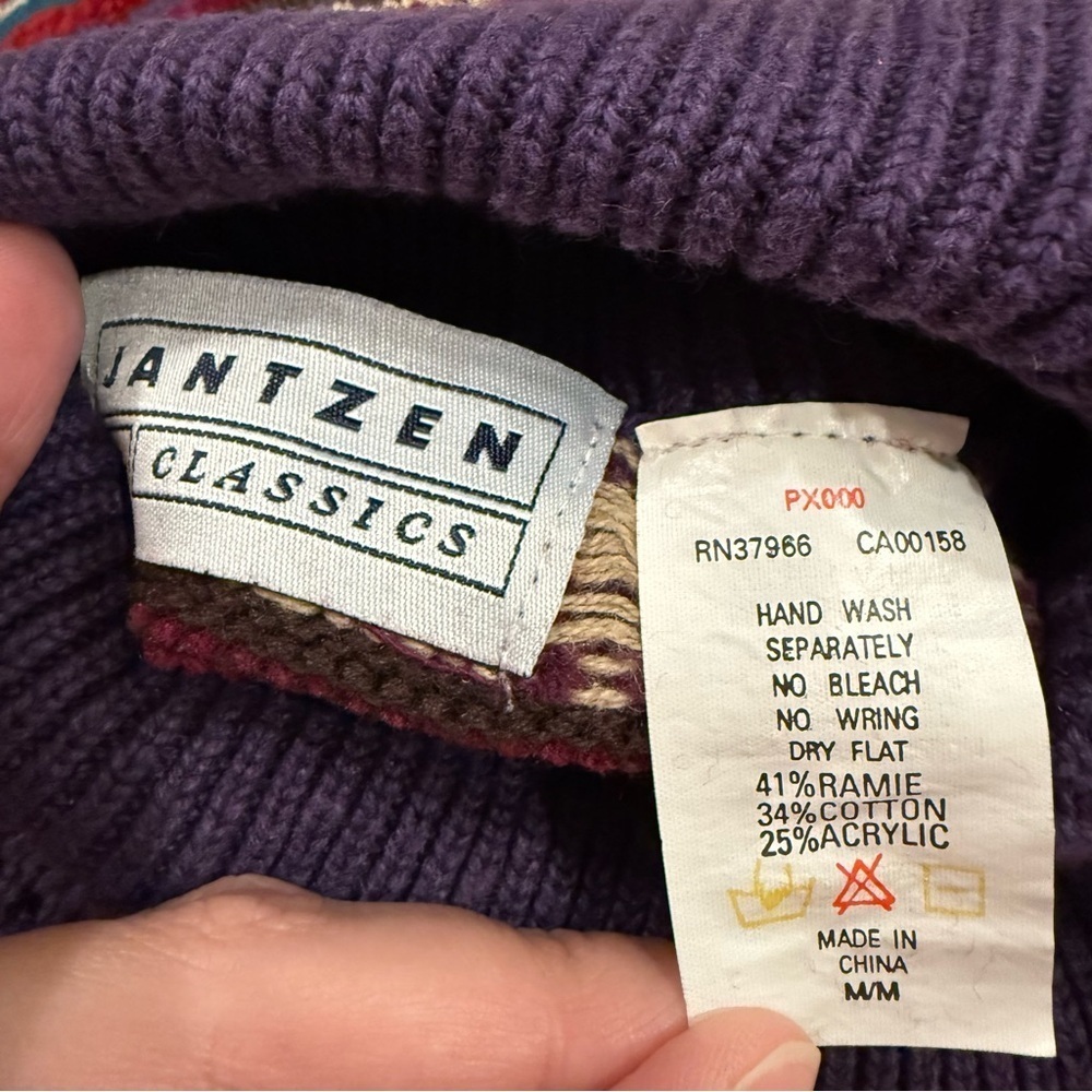 Vtg Jantzen Sweater Women’s Med Purple Blue Fall Fair Isle Colorful Artsy Retro - Picture 4 of 8